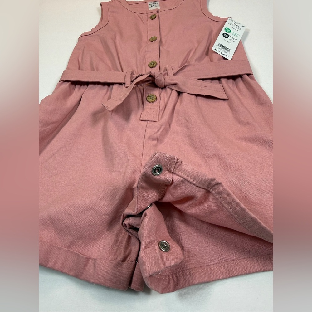 NWT CARTER’S Baby Girls Pink Button Up Belt Sleeveless Canvas Romper Size 24M - Picture 5 of 7